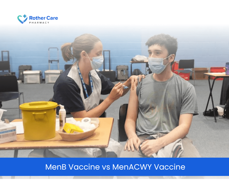 Rother Care Pharmacy nurse administering a vaccination, titled MenB Vaccine vs MenACWY Vaccine