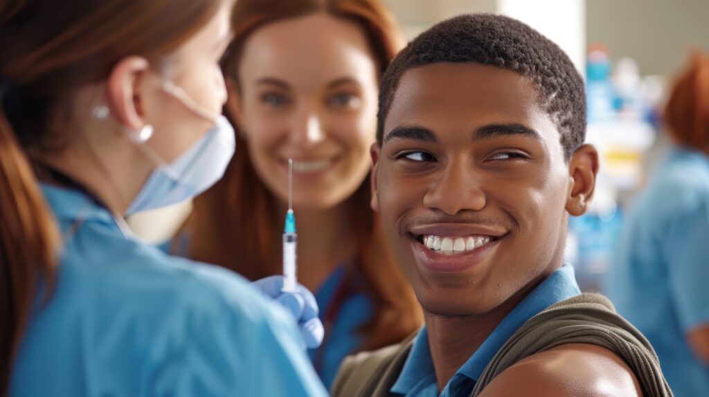 University student receiving a MenB vaccination from a nurse at a pharmacy clinic